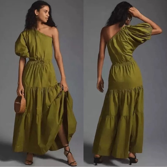 Anthropologie SWF One Shoulder Puff Sleeve Tiered Maxi Dress Size Small Green - Picture 1 of 5